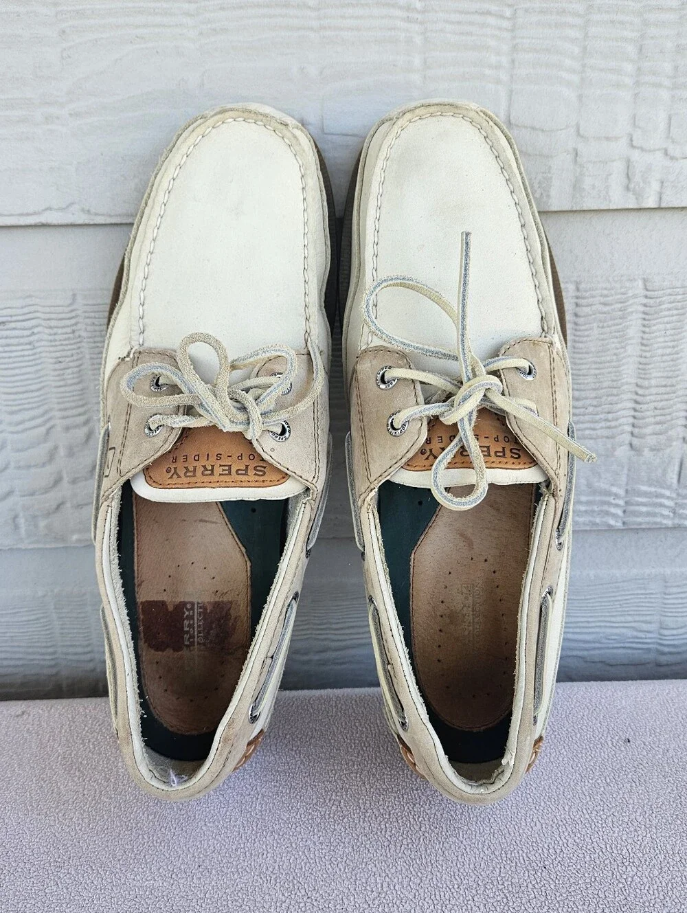 Sperry Mako 2-Eye Boat Shoes Loafer Men SZ 12 Beige Cream Suede Leather 0768101